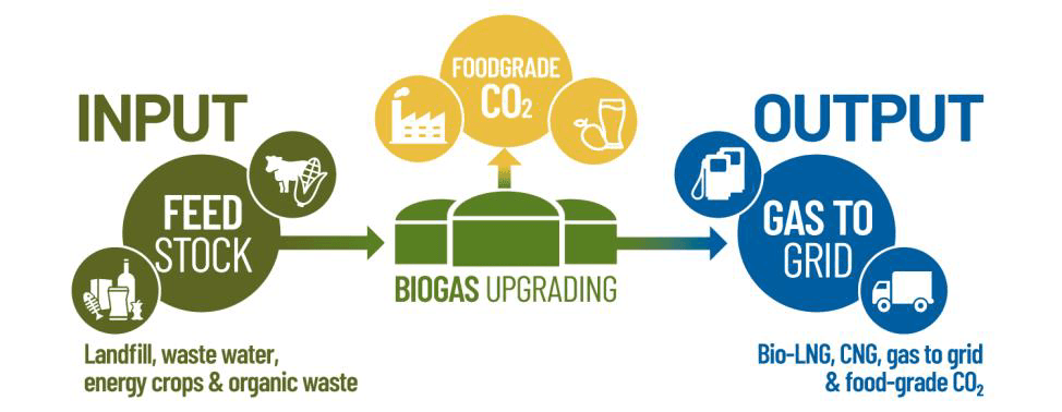 Schema Biogas-Aufbereitung: Input Feedstock aus Deponien, Abwasser, Energiepflanzen und organischen Abfällen, Biogas Upgrading mit lebensmitteltauglichem CO2, Output Bio-LNG, CNG und Gas ins Netz
