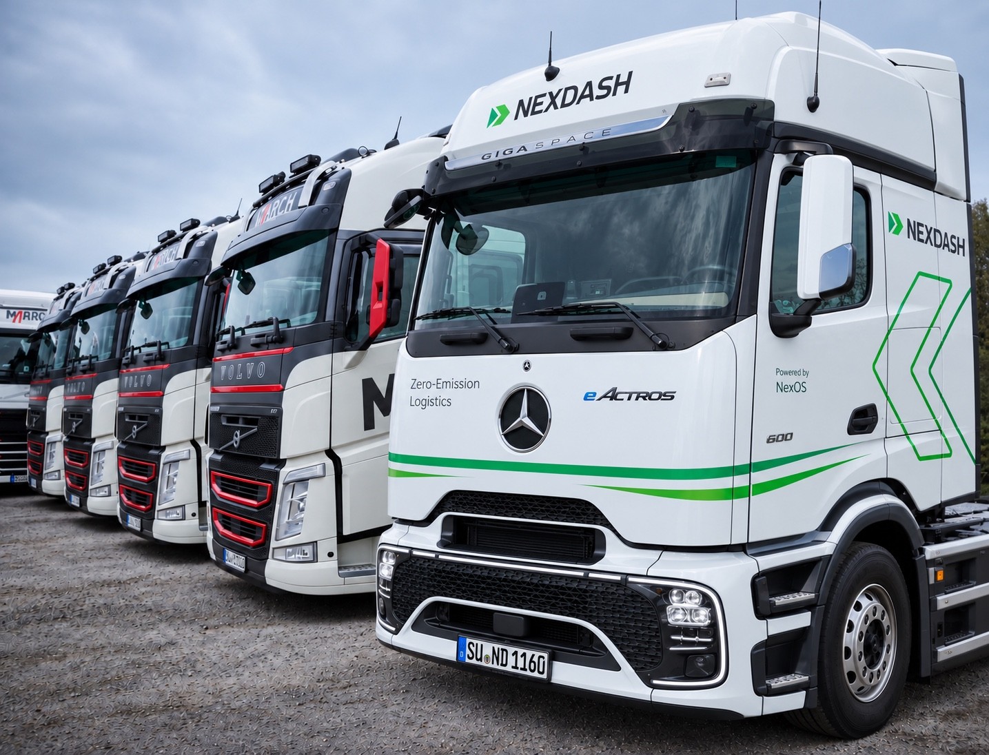 Mercedes eActros 600 im NEXDASH-Design vor einer Reihe MARCH Volvo FH