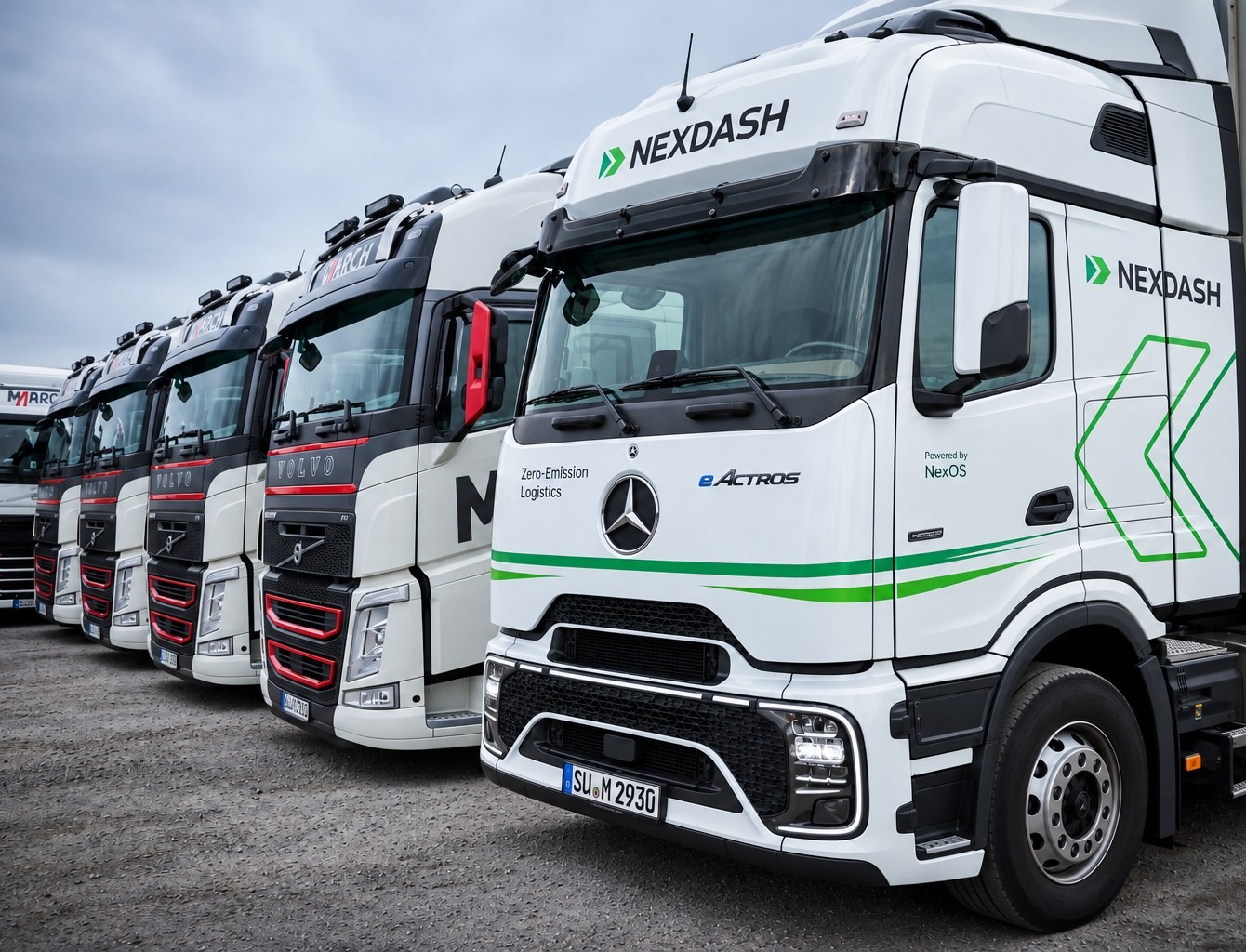 Mercedes eActros 600 im NEXDASH-Design vor einer Reihe MARCH Volvo FH