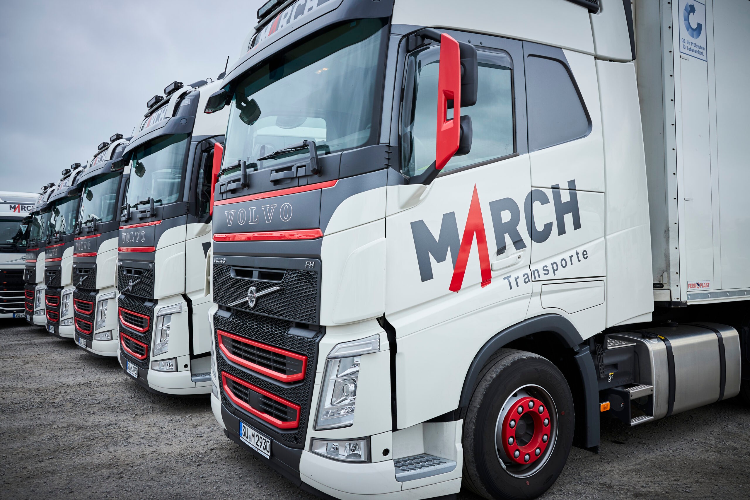 MARCH Volvo FH Sattelzugmaschinen in einer Reihe, vorne mit MARCH-Schriftzug